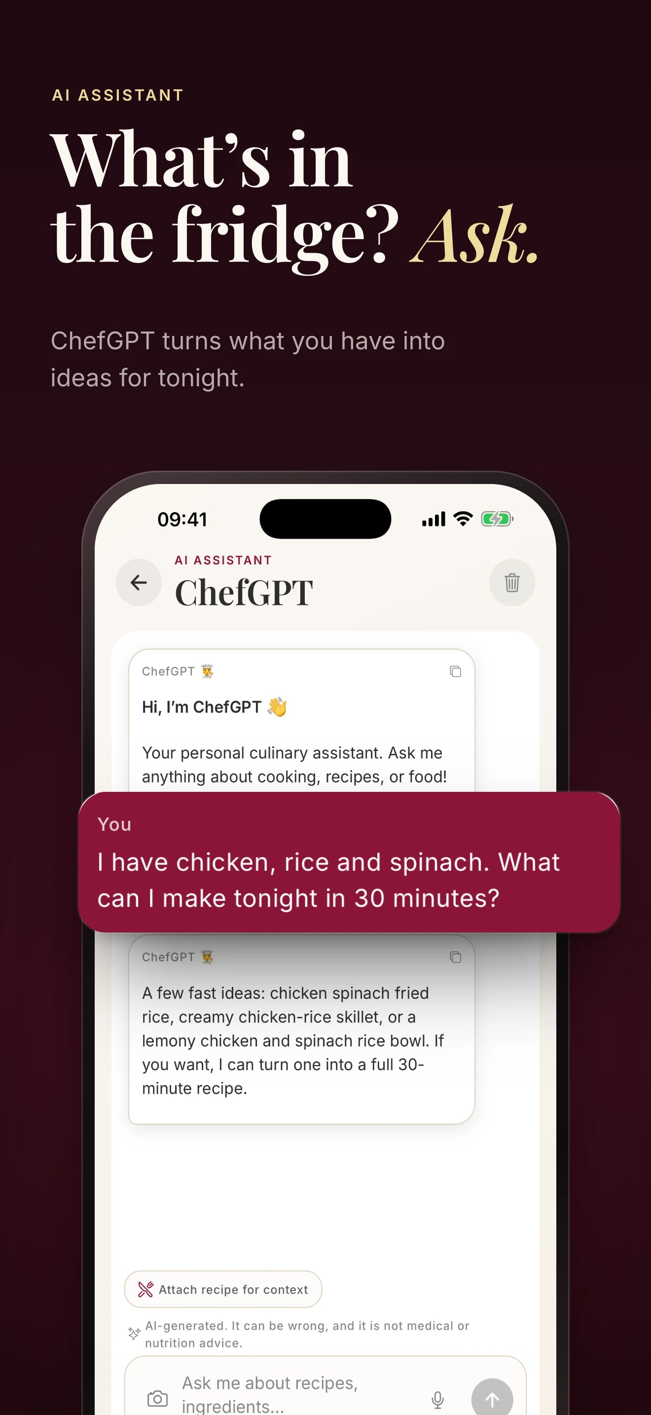 Foodie: What's in the fridge? Ask. ChefGPT suggests a dinner from chicken, rice and spinach.