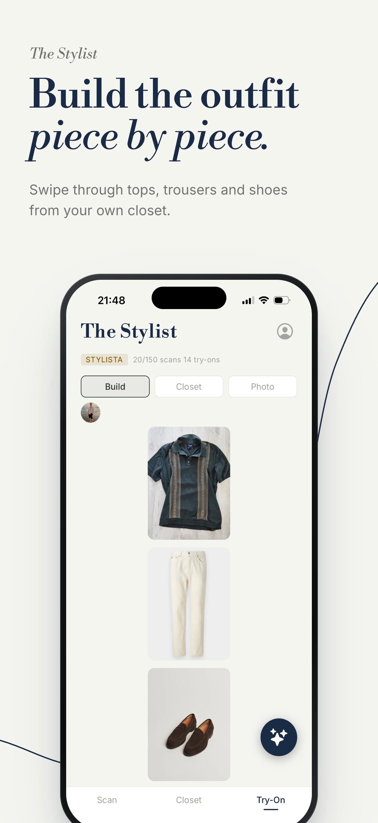 Thraed: Build the outfit piece by piece. Swipe through tops, trousers and shoes.